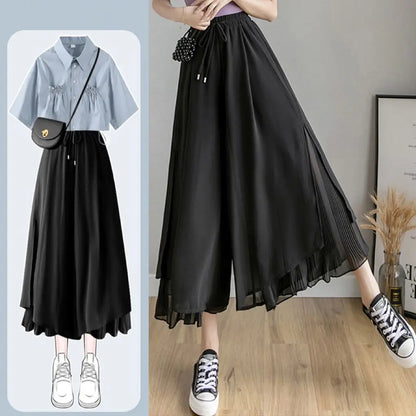 Summer Pantskirt Set for Female Korean Style Loose Short Sleeve Shirt+Casual Wide Leg Pants Fashion Two Piece Sets Women Outfits