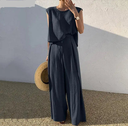 Lady Casual Loose 2 Piece Sets Fashion O-Neck Sleeveless Pullover Tops+wide Leg Pants Two Piece Sets For Women Summer Office New
