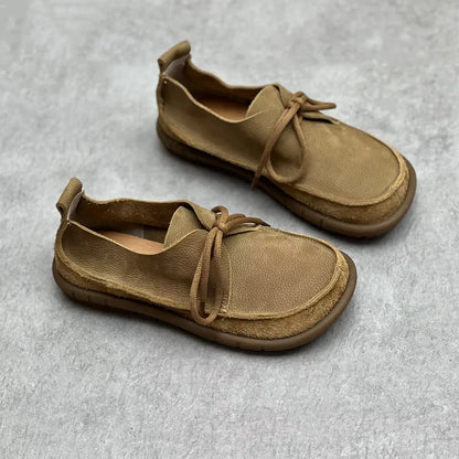 Johnature Handmade Genuine Leather Flats 2026 New Women Shoes Round Toe Shallow Soft Sole Loafers Retro Solid Color Shoes