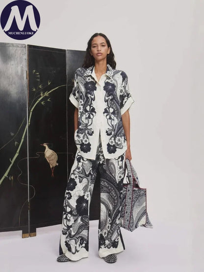 Women's Summer Versatile 2-Piece Set Printed Short Sleeve Shirt Top with Loose Wide Leg Pants Casual Fashion Outfit