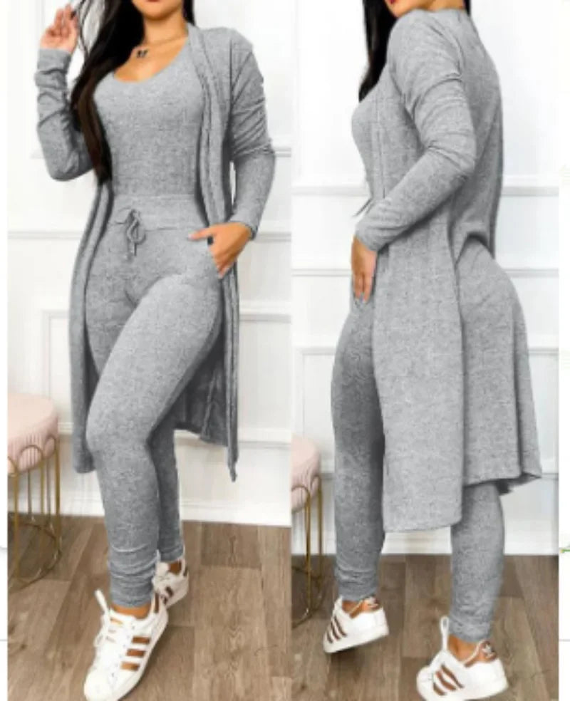 2026 Jumpsuit & Coat Set Autumn Women Drawstring Pocket Pants Sets One Piece Y2k Long Jumpsuit High Waist Coats Two Piece Sets