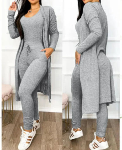2026 Jumpsuit & Coat Set Autumn Women Drawstring Pocket Pants Sets One Piece Y2k Long Jumpsuit High Waist Coats Two Piece Sets