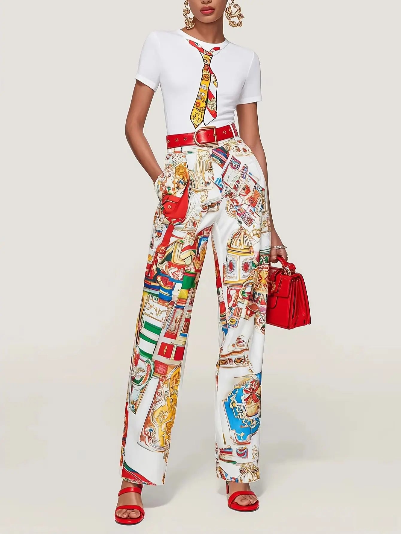 Spring Urban Patterns Printing Trousers Suit Women Round-neck Short Sleeve Tops+high Waist Straight Pants Autumn Two Piece Set