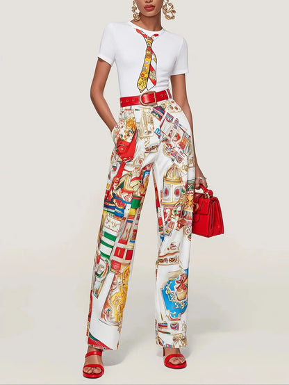 Spring Urban Patterns Printing Trousers Suit Women Round-neck Short Sleeve Tops+high Waist Straight Pants Autumn Two Piece Set