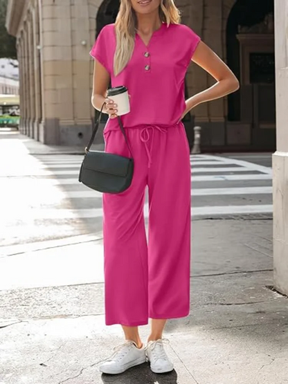 Women 2 Piece Outfit Set V Neck Button Short Sleeve T Shirt Drawstring Wide Leg Capri Pants Casual Loose Tracksuit Loungewear Va