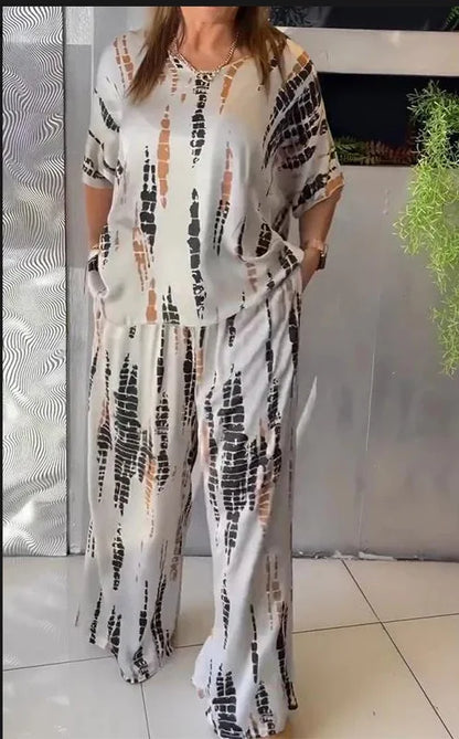 Summer Fashion T-shirt Pants Set Women Geometric Print Short Sleeved Tops Loose Wide Leg Pants Elegant Lady Set Clothing 2025