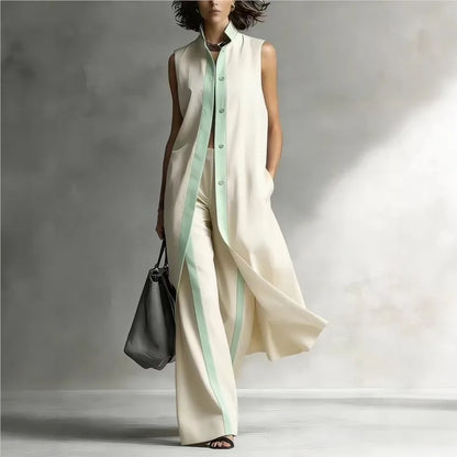 Women's Two-piece Sleeveless Stand-up Collar Vest Cardigan Trousers 2026 Summer New Loose Fashion Casual Contrast Color Suit