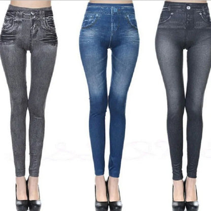 1pcs Women's Denim Print Leggings Females Fashion Slim Leggings Faux