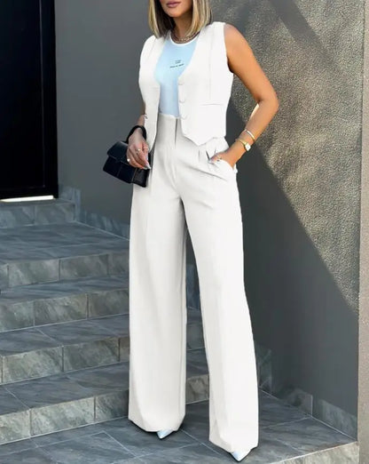 Trousers Suit Women's Vest Trousers Suit Elegant Loose Regular Work Suit High Waist Wide-leg Trousers 2-piece Street Suit