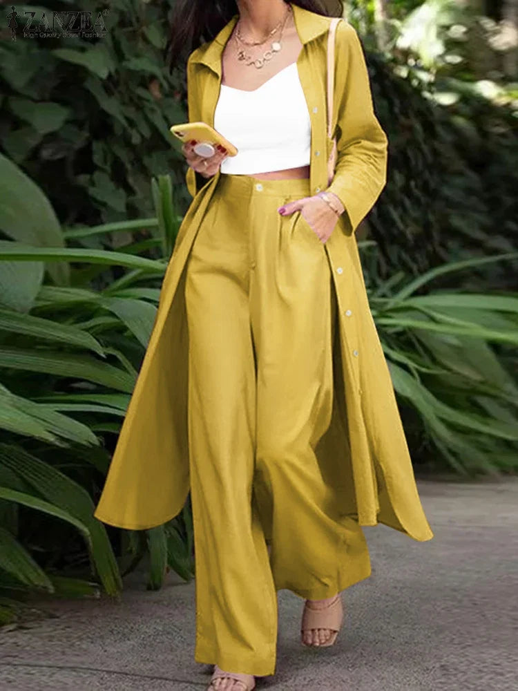 ZANZEA Fashion Autumn Long Sleeve Shirt 2PCS Women Suits Matching Sets Solid Loose Pant Sets Casual Wide Leg Trousers Oversized