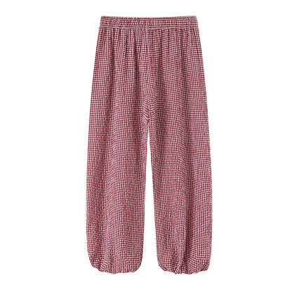 Women's Long Pants 2026 Summer New Style Red Plaid Drawstring Lantern Pants Long Pants Beach Vacation Casual Fashion