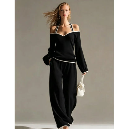 Women Sexy Off-shoulder Long-sleeved T-shirt Trousers 2piece Set Fashion Loose Elegant Color-blocked Pocket Trousers Female Suit