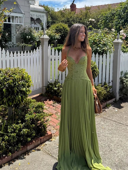 Green Corset Halter Long Dress Women Backless Off Shoulder Pleated Patchwork Slim Maxi Dress 2026 Summer Lady Party Evening Gown