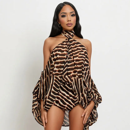 Leopard Print 2 Piece Short Set Women Club Party Outfit Summer Halter Off Shoulder Top Shirt Shorts Matching Sets Beach Vacation