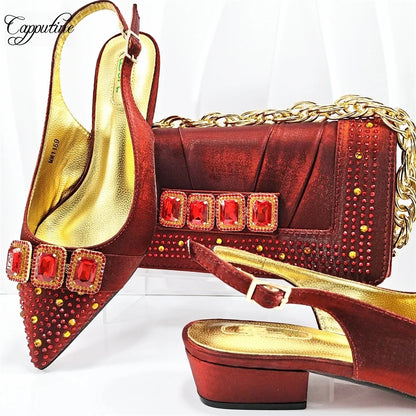 Peach Women Shoes And Bag Set Luxury  Ladies Sandals Match With Handbag Clutch Medium Heels Pumps Sandales Femmes MM1159