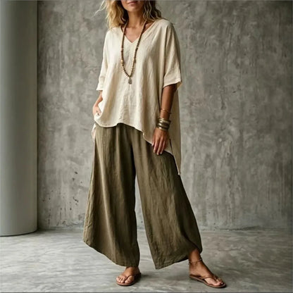 Summer New Loose Retro Short-sleeved T-shirt Trousers 2-piece Set Women's Fashion Irregular Top + Wide-leg Trousers Set Female