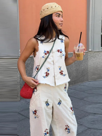 Casual Print Top Pants Women Set Elegant O-neck Sleeveless Button Vest Wide Leg Trousers 2026 Summer Beach Lady Outfit Suit