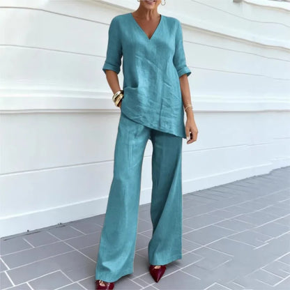 Women's Two-piece Set 2026 Mid-sleeve V-neck Top Straight Pants Spring Summer Women's New Casual Cotton Linen Solid Color Suit