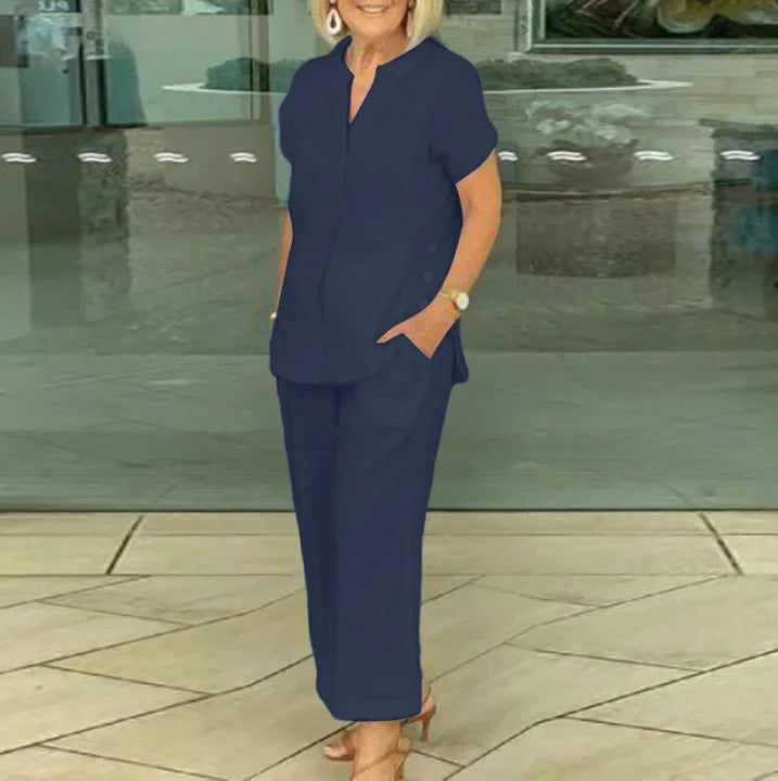 New Summer Women's Short-sleeve Tops Pants Casual Two-piece Suit Fashion Elegant Office Solid Holiday 2-piece Set Women Clothes