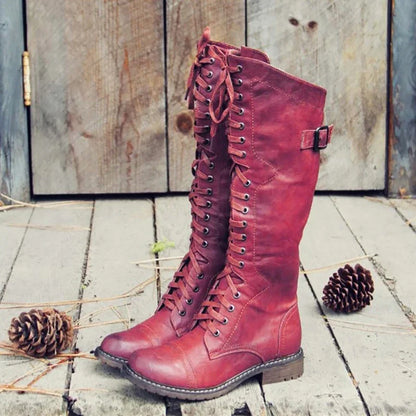 Women Knee High Boots Autumn Winter Lace Up Flat Shoes Sexy PU Leather Shoes Retro Buckle Women Shoes Fashion Black Knight Boots