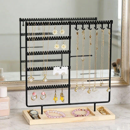 Metal Jewelry Organizer Stand with Wooden Tray - Multi-Functional Storage for Earrings, Necklaces, Bracelets & Rings