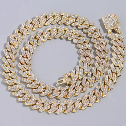 14mm Iced Out  Prong Cuban Link Chain Necklace for Men Women 2 Row Rhinestone Paved Miami Rhombus Hip Hop Jewelry Wholesale