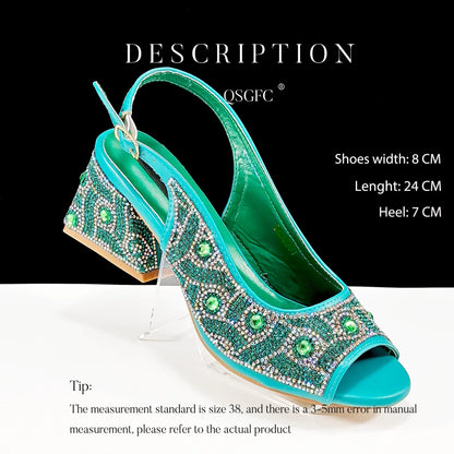 QSGFC 2024 Rhinestone Design INS Hot Sale New Arrivals African Shoes and Bag Set in Green Color Open Toe Comfortable Women Heels
