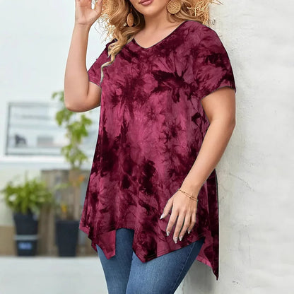 5XL Plus Size Woman Clothing Tie Dye Short Sleeve T-Shirt Casual New V Neck Irregularity Tops Big Size Ladies Loose Tops Long