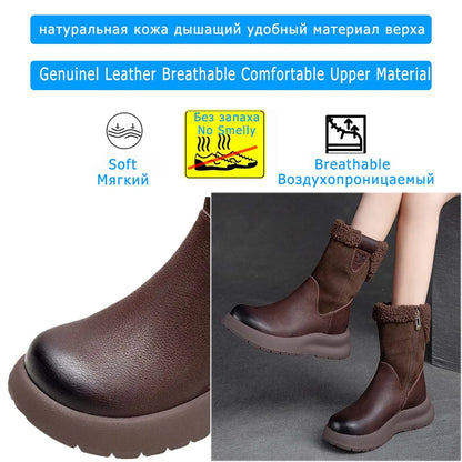 Koznoy 5cm Natural Genuine Leather Chunky Cow Spring Rubber Ankle Boots Soft Soled Winter Plush Flats Booties Autumn Women Shoes