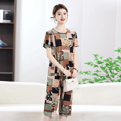 Summer Women's Ice Silk Home Set T-shirt+Pants Fashionable Multi-color Set Thin Asian Size Clothing Plus Size