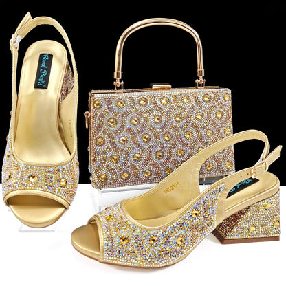 QSGFC 2024 Rhinestone Design INS Hot Sale New Arrivals African Shoes and Bag Set in Green Color Open Toe Comfortable Women Heels