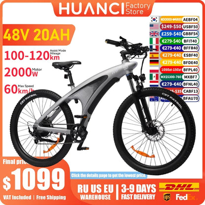 HUANCI Q5 Electric Bike for Adults 2000W Off-road Tire E Bike 48V 20Ah Battery 60KM/H Electric Bicycle for Commuting Long Range