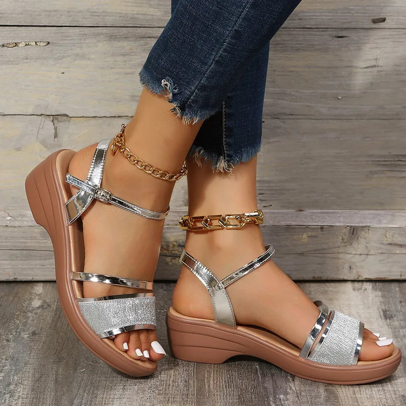 2025 New Women Sandals Luxury Sexy Women's Sandals Summer Platform Wedges Shoes Women Fashion Gold Silver Sandalias Size 35-43