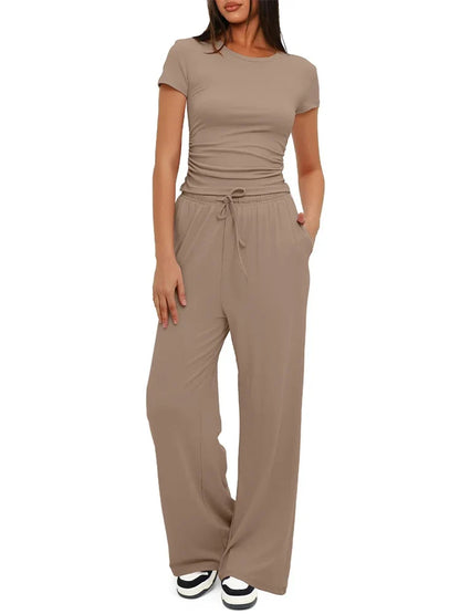 Summer Solid Loose Casual Tracksuit Women's Two Pieces Set O Neck Short Sleeves T-shirts and Wide Leg Pants Sets Sportswear Set