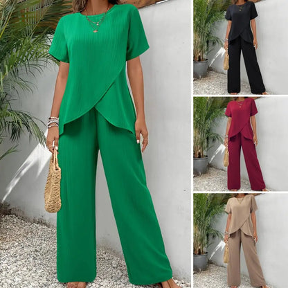New Fashion Elegant Office Ladies Set Casual Set With Irregular Short Sleeve Blouses Loose Long Pants Two Piece Outfit Women's