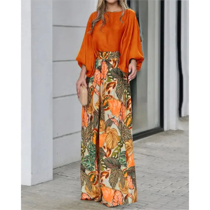New Women's Clothing Set Lantern Sleeves Loose Top Printed Wide Leg Pants Two Piece Set Casual Ladies Trouser Outfit 2025 Summer