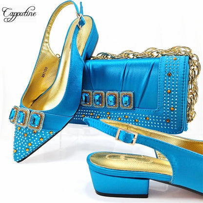 Peach Women Shoes And Bag Set Luxury  Ladies Sandals Match With Handbag Clutch Medium Heels Pumps Sandales Femmes MM1159
