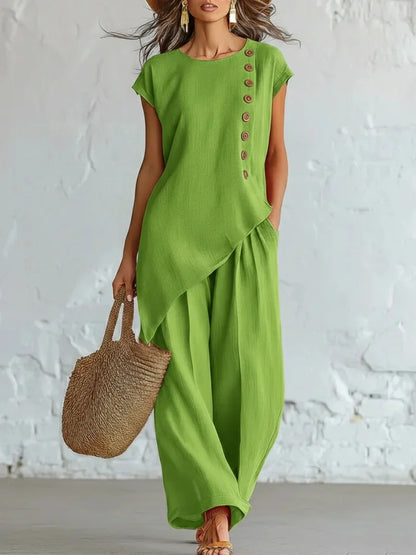 2026 Women 2 Piece Set Elastic Waist Pocket Button Decorate Wide Leg Pants+Solid Blouse Suit Casual Top Trousers Lady Outfits