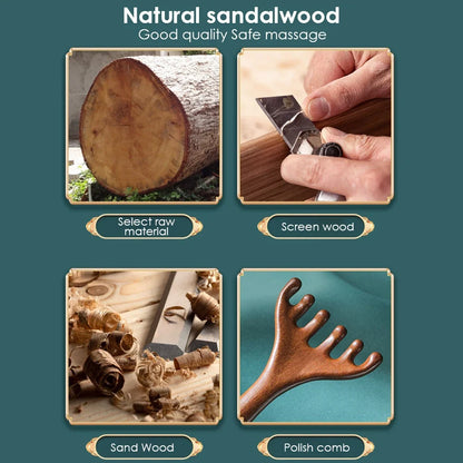 Natural Golden Sandalwood Six-Claw Scalp Massager Gua Sha Tool Back Scratcher Spa Handheld Meridian Massage Comb Hair Care