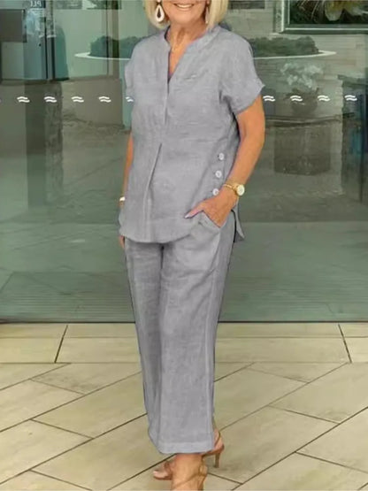 New Summer Women's Short-sleeve Tops Pants Casual Two-piece Suit Fashion Elegant Office Solid Holiday 2-piece Set Women Clothes