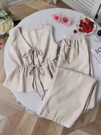 2026 Summer Two Piece Set Women Striped V Neck Lace Up Sleeveless Blouse High Waist Wide Leg Pants Suits Sweet Casual Tracksuits