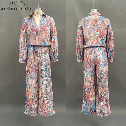 Boho Paisley Print Two-Piece Set for Women Sexy V-Neck Long Sleeve Blouse Top & Wide Leg Pants Casual Loose Suit for Vacation
