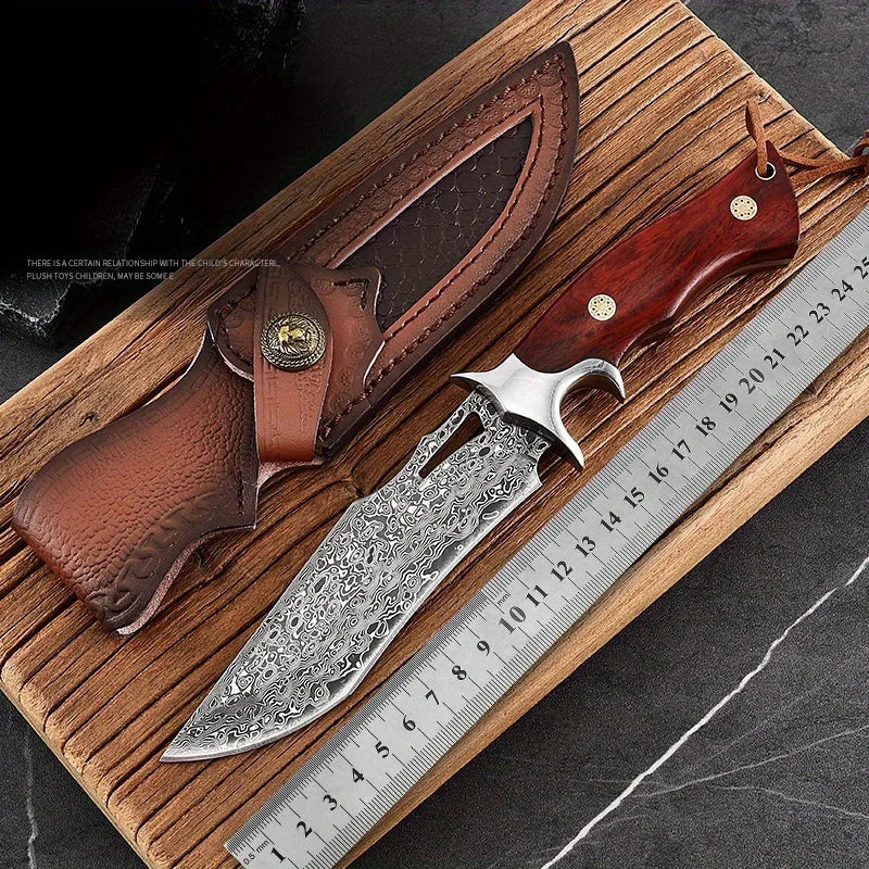 A Large Damascus Handmade Forged Knife - Fixed Blade, Wooden Handle and Leather Sheath, Convenient to Carry, Quick Cutting
