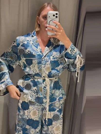 Casual Women's Printed Blouses Pant Set Loose Long Sleeve Lapel Lace Up Blouse Wide Leg Pockets Pants 2026 Autumn Lady Suit