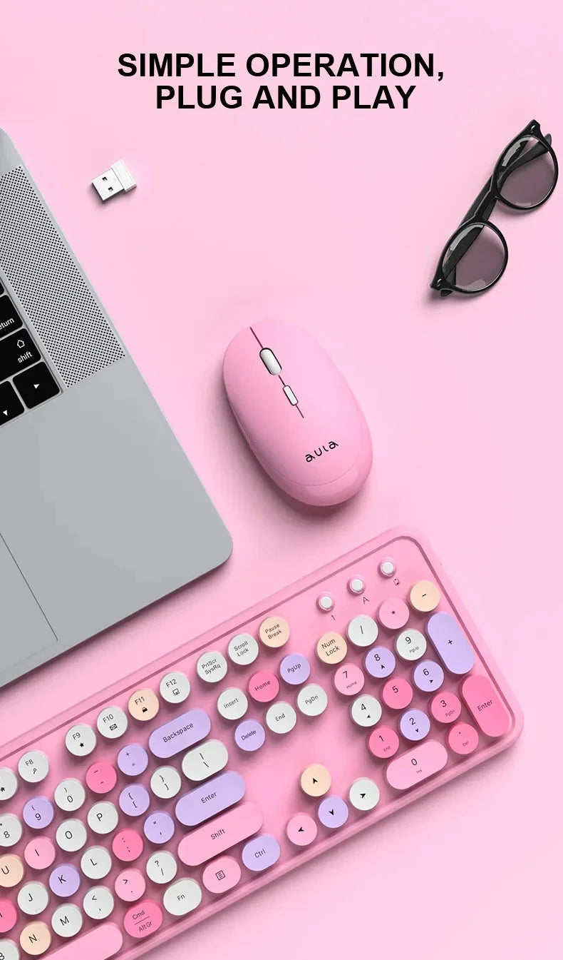 AULA Wireless Keyboard Mouse Combo 104 Keys Retro Round Keycaps Silent Typing 2.4G Ergonomic Office Gaming Set for PC Laptop