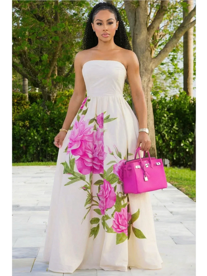 Women Tube Strapless Waist Flowy Maxi Dress With Floral Print For Wedding Guest Resort And Vacation Occasion
