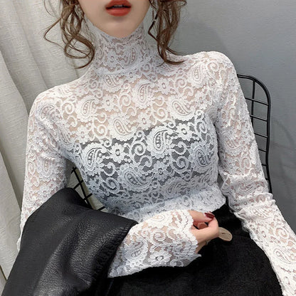 Blouse Women Transparent Lace T Shirt Stretch Turtleneck Petal Sleeve Girl Blusas Mujer De Moda Black White Apricot Shirt Tops
