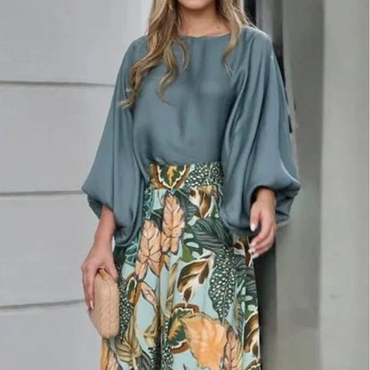 New Women's Clothing Set Lantern Sleeves Loose Top Printed Wide Leg Pants Two Piece Set Casual Ladies Trouser Outfit 2025 Summer