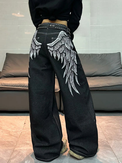 1 Pc American Retro Wing Print Loose Jeans, Street Trend Fashionable