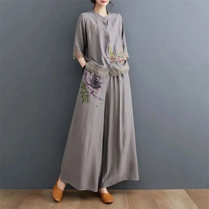 Spring Summer Women Leisure Large Size 5XL 2PCS Middle Aged Mother Mother Cotton Linen Suit 2025 Female Embroidery Two-piece Set